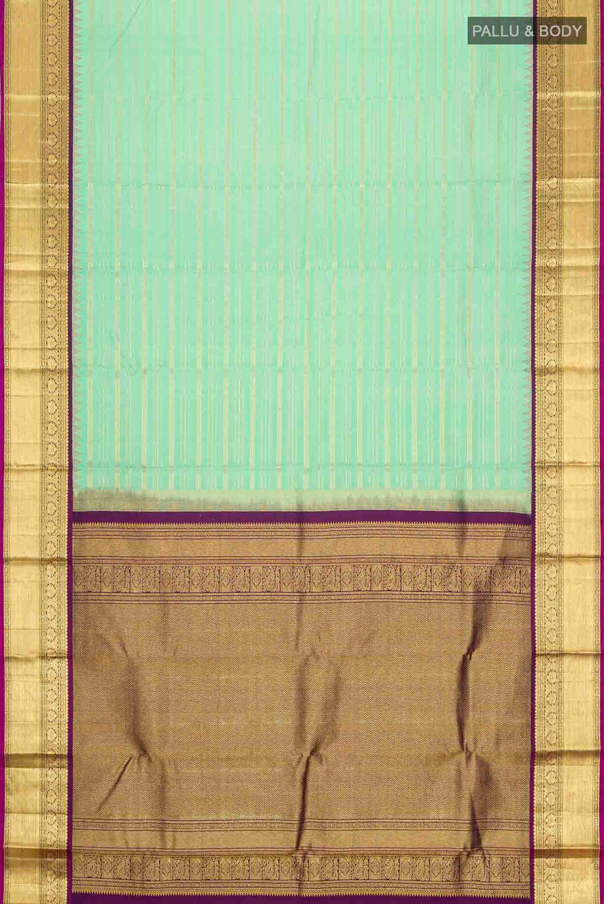 Flat view of Green Kanchipuram Silk Saree with Stripes on the body and Zari Border