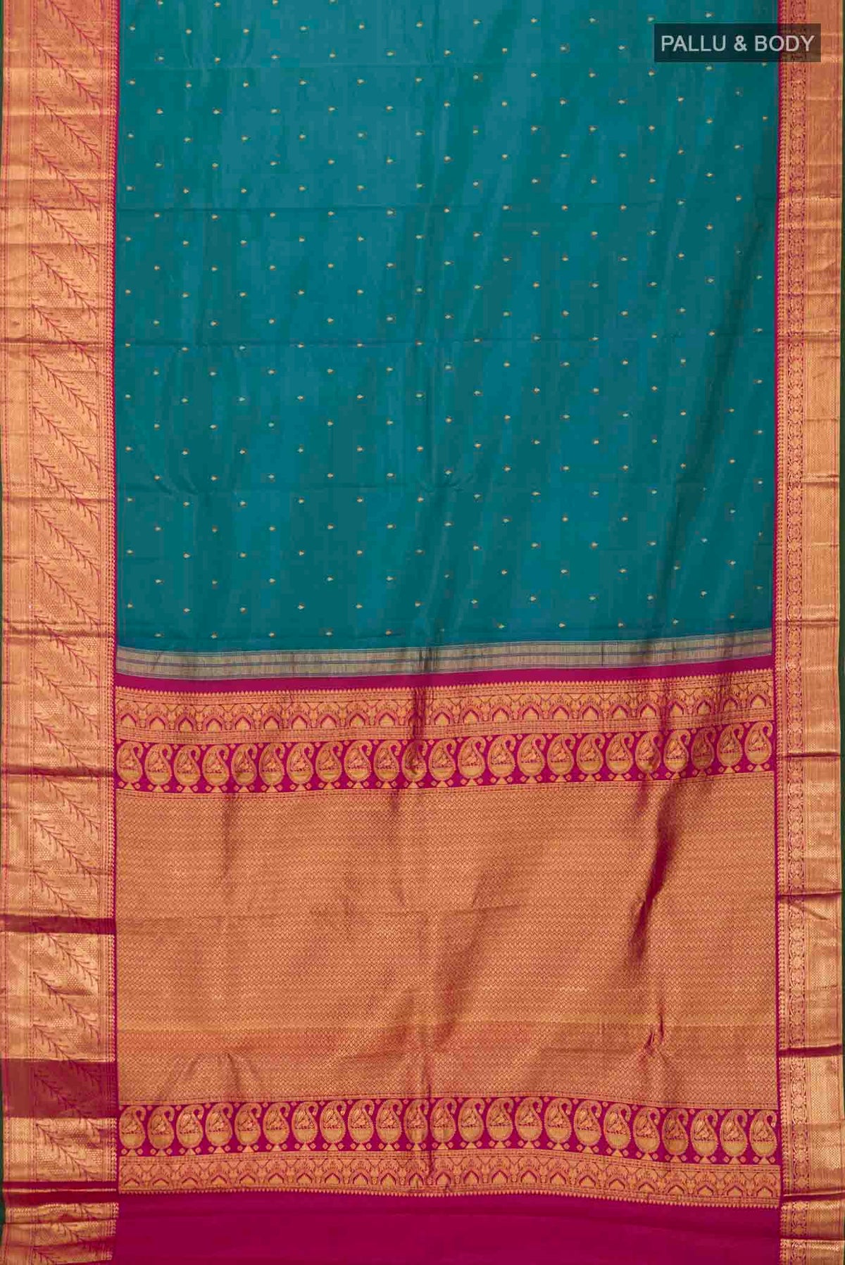 Flat view of Blue Kanchipuram Silk Saree with Zari Butta on the body and Zari Border