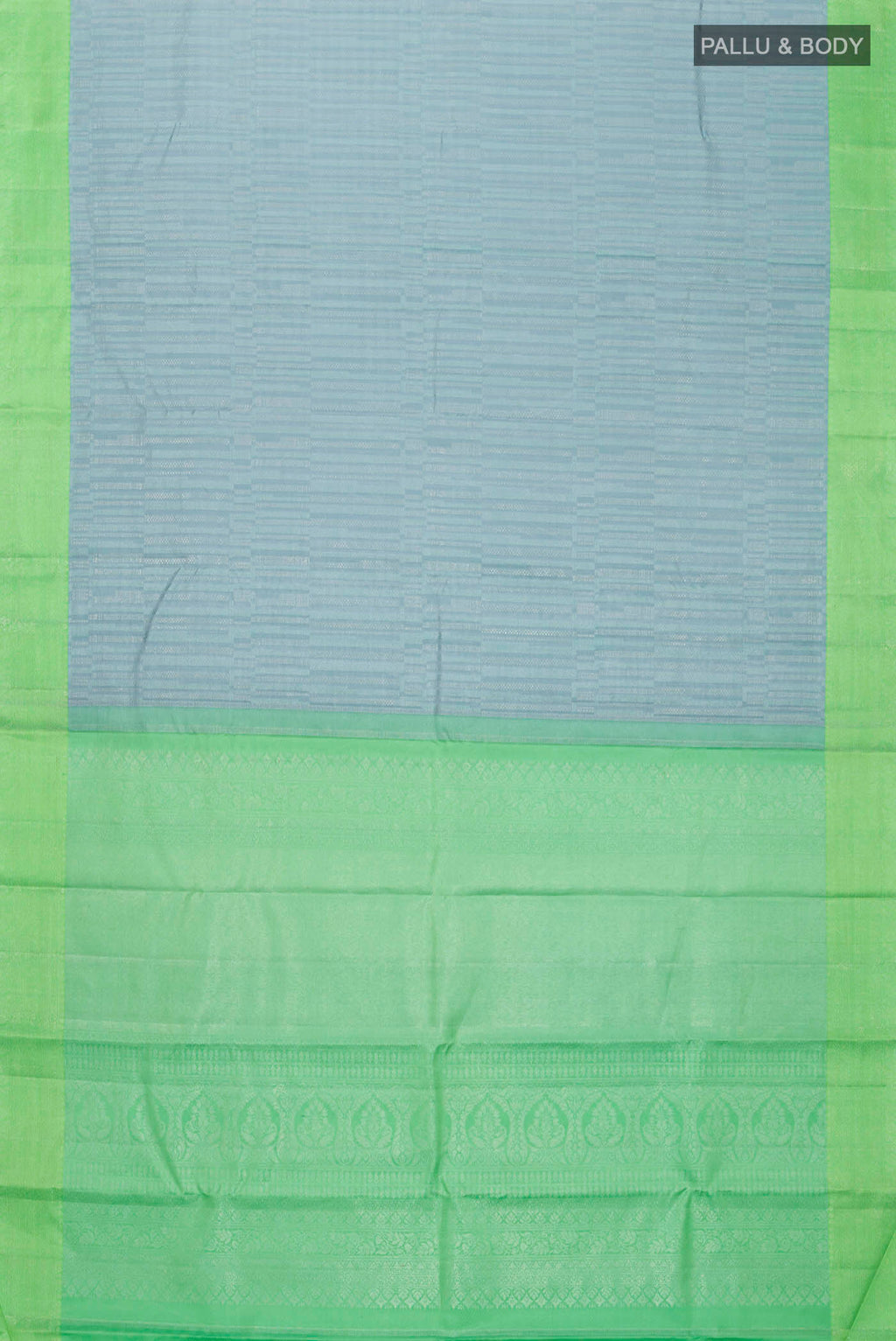 Flat view of Blue Grey Kanchipuram Silk Saree with Stripes on the body and Zari Border