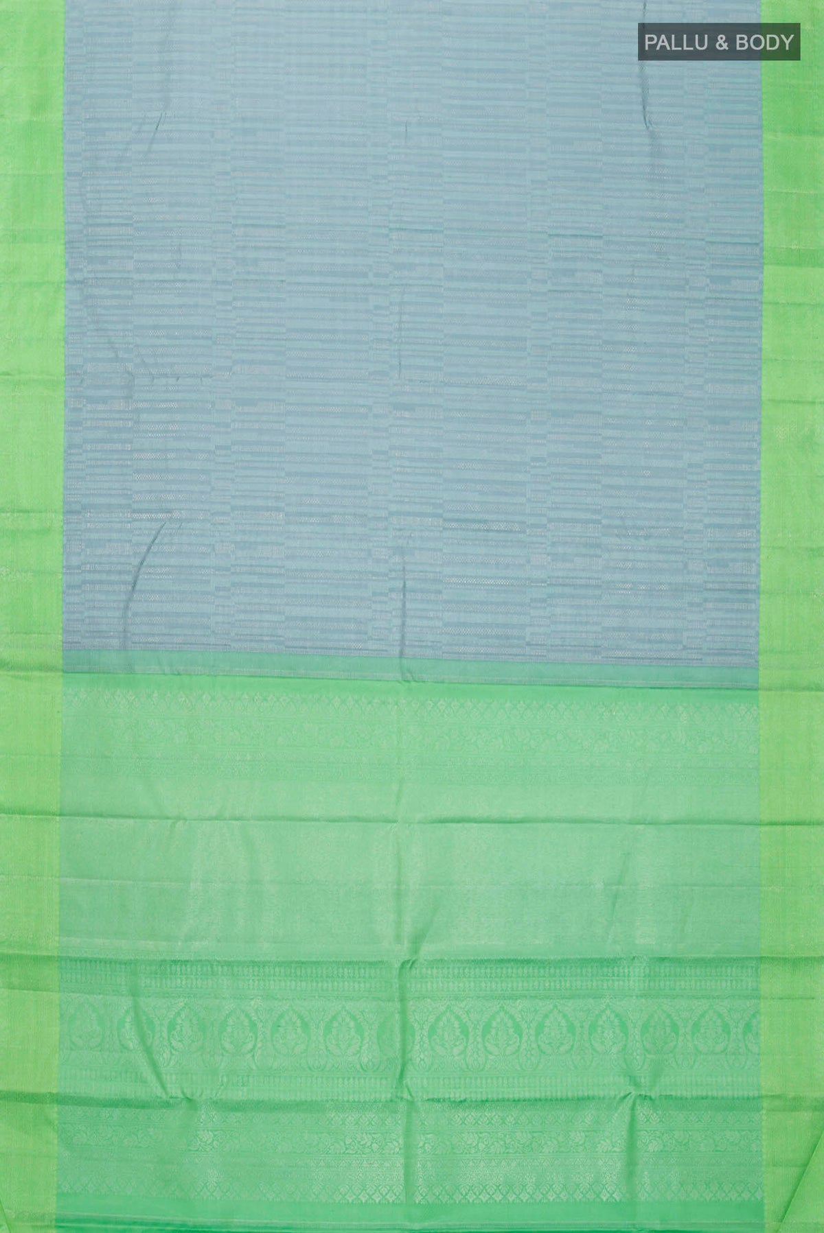 Flat view of Blue Grey Kanchipuram Silk Saree with Stripes on the body and Zari Border