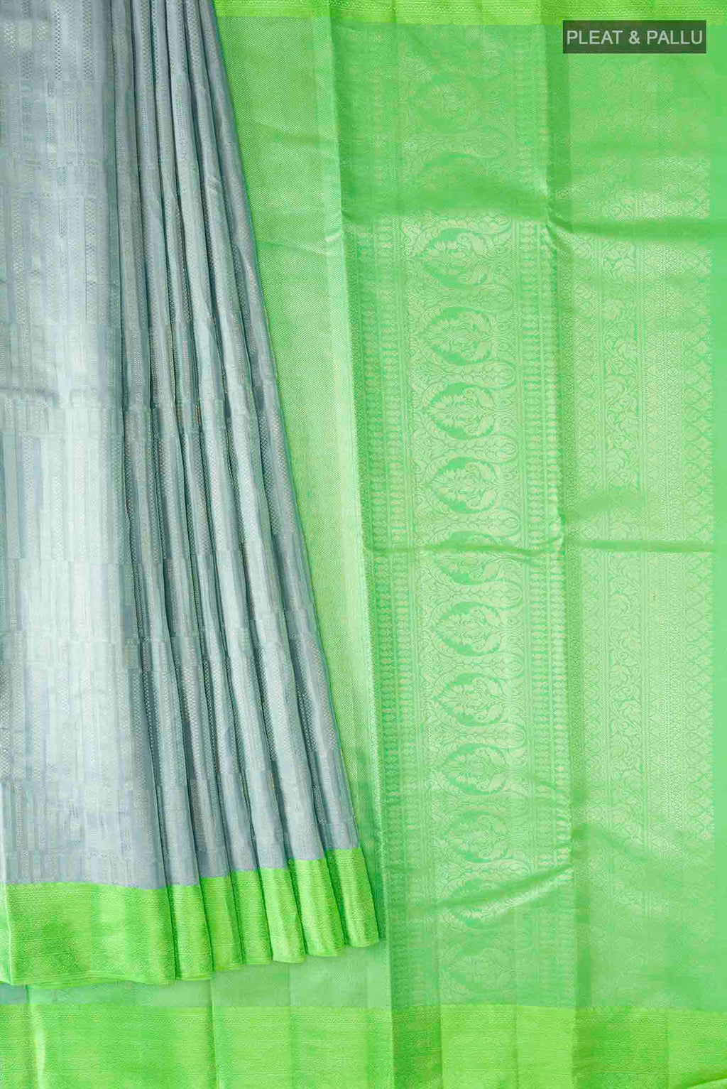 Pleats and pallu of Blue Grey Kanchipuram Silk Saree with Stripes on the body and Zari Border