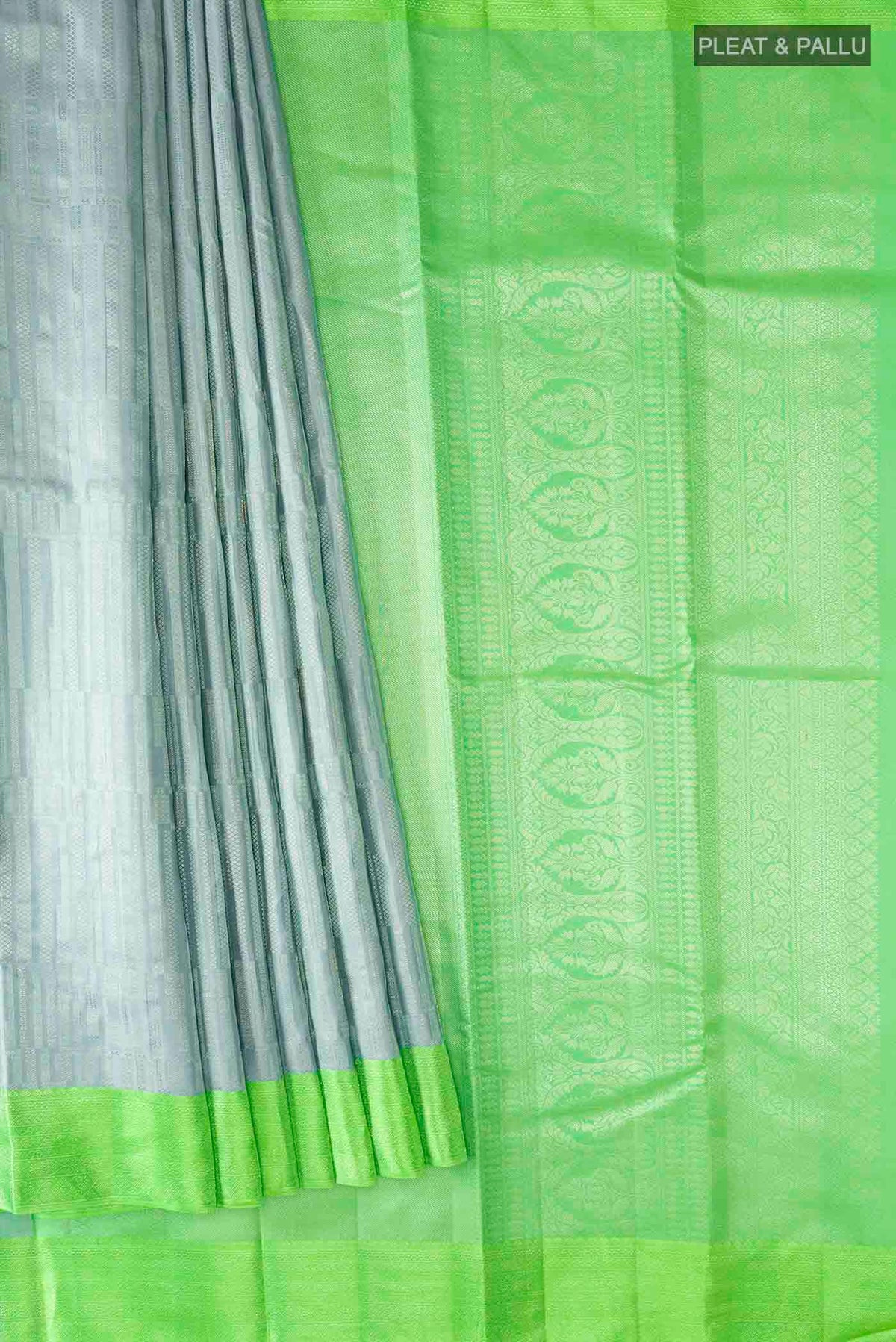 Pleats and pallu of Blue Grey Kanchipuram Silk Saree with Stripes on the body and Zari Border