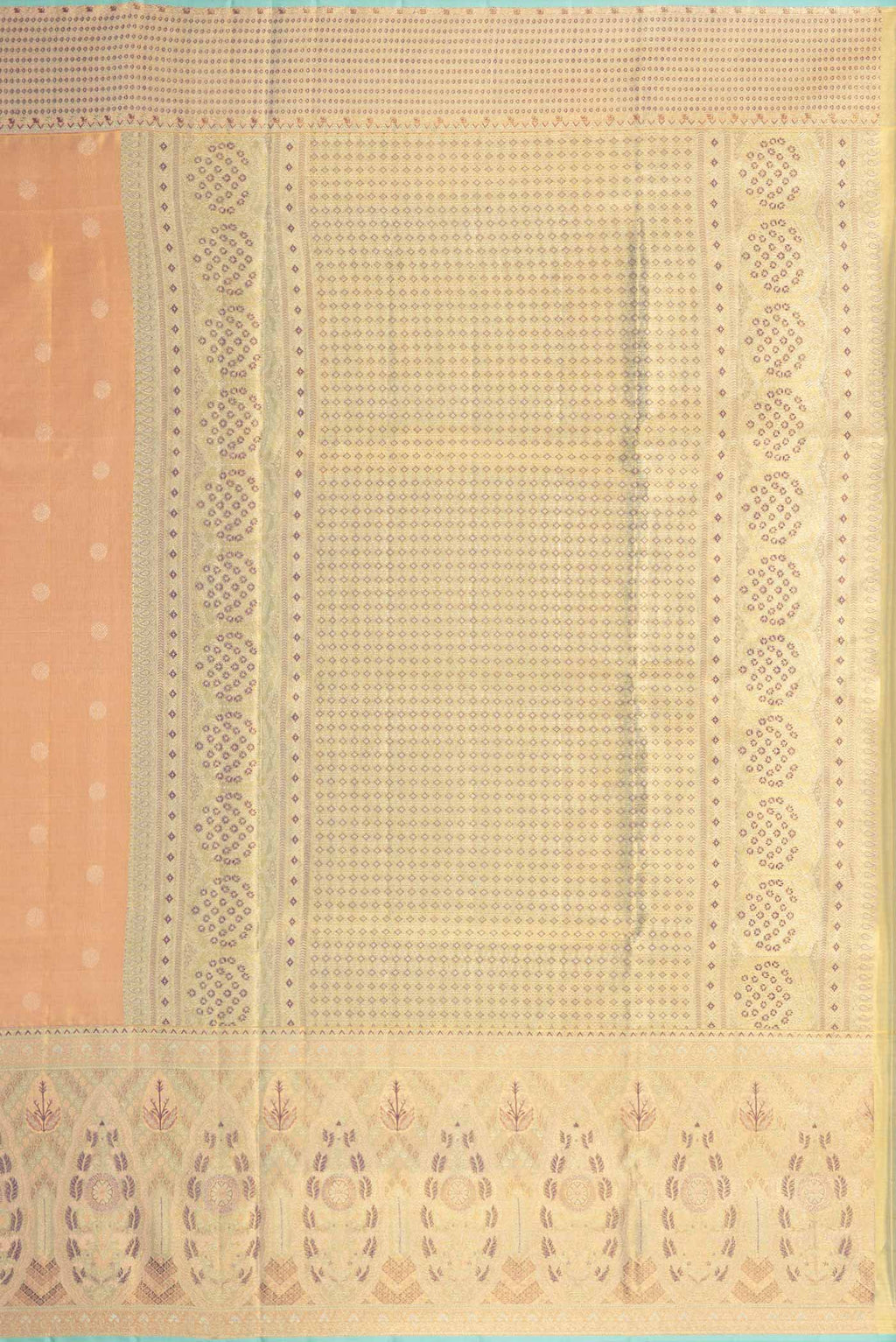 Close up image of the pallu of Peach Dual Tone Kanchipuram Tissue Silk Saree with Zari Brocade on the body and Zari Border