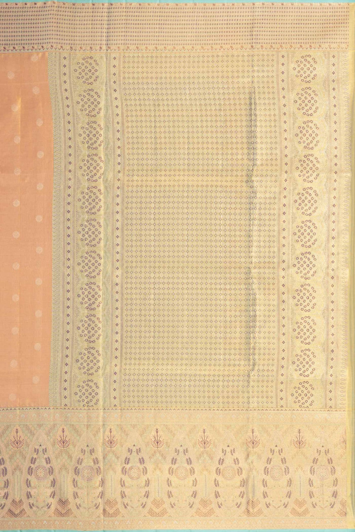 Close up image of the pallu of Peach Dual Tone Kanchipuram Tissue Silk Saree with Zari Brocade on the body and Zari Border