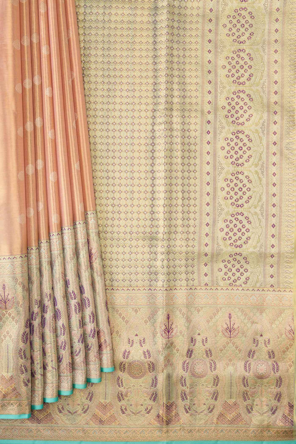 Pleats and pallu of Peach Dual Tone Kanchipuram Tissue Silk Saree with Zari Brocade on the body and Zari Border