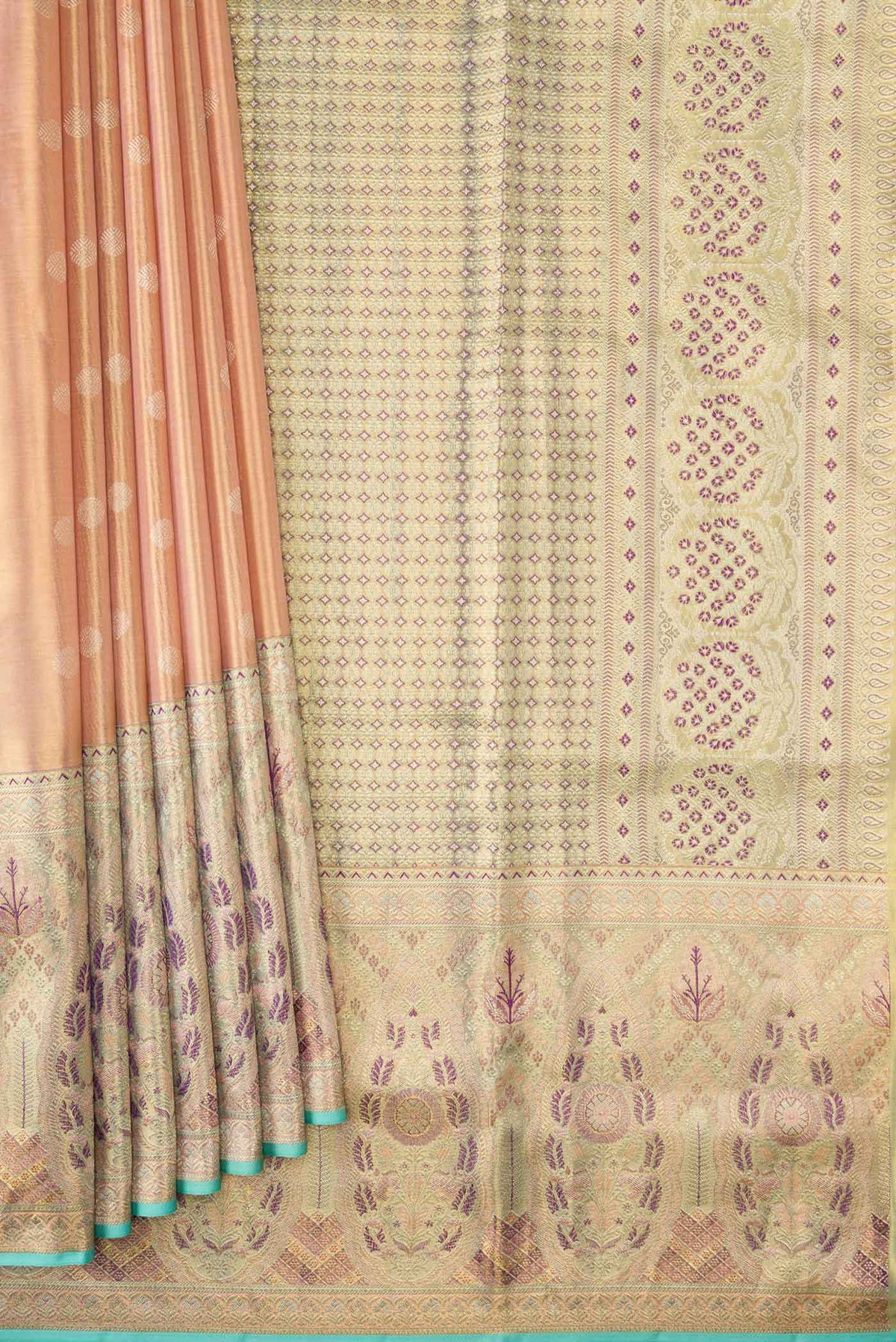 Pleats and pallu of Peach Dual Tone Kanchipuram Tissue Silk Saree with Zari Brocade on the body and Zari Border