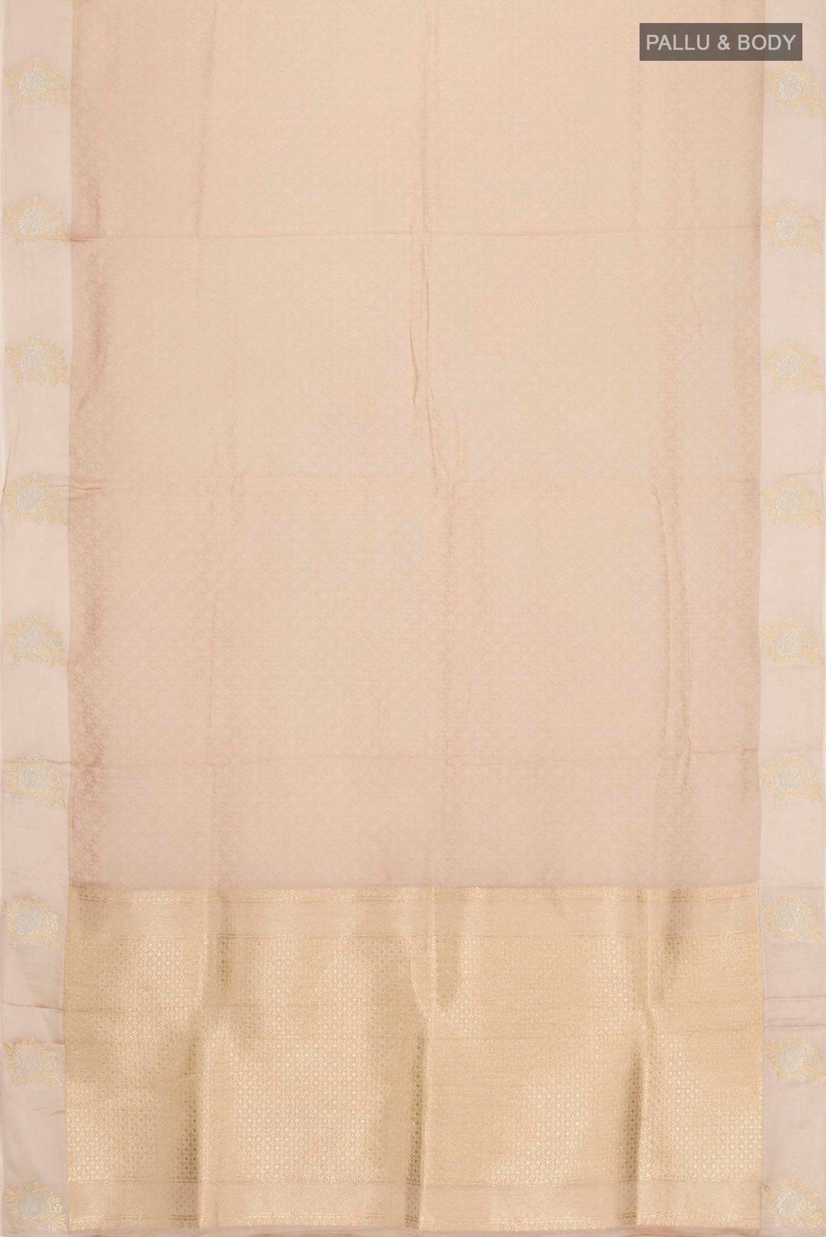 Flat view of Beige Blended Satin Silk Saree with Jacquard design on the body and Satin Border