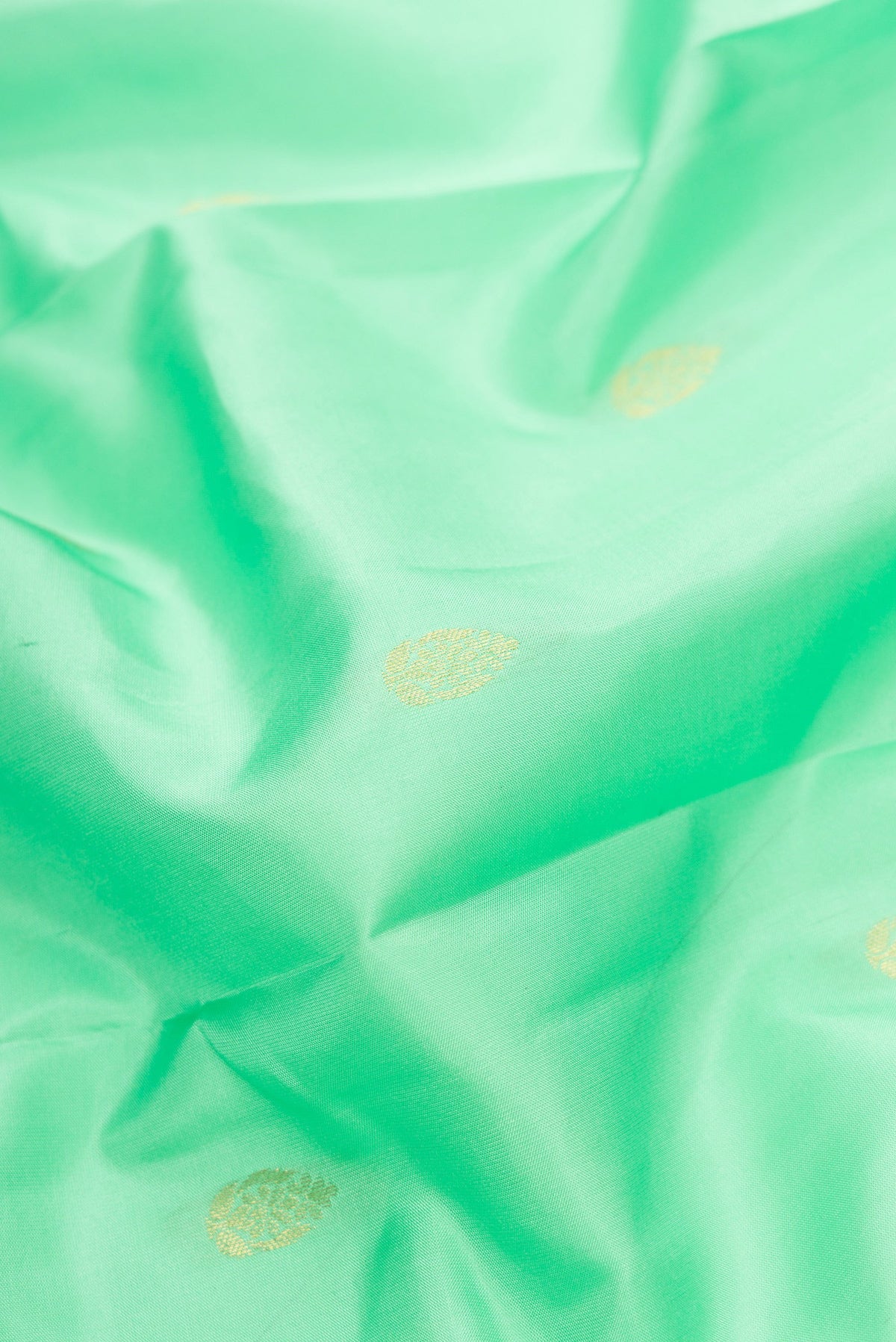 Close up of Pista Green Dual Tone Kanjivaram Silk Saree with Zari Butta on the body and Zari Border.  displaying folds