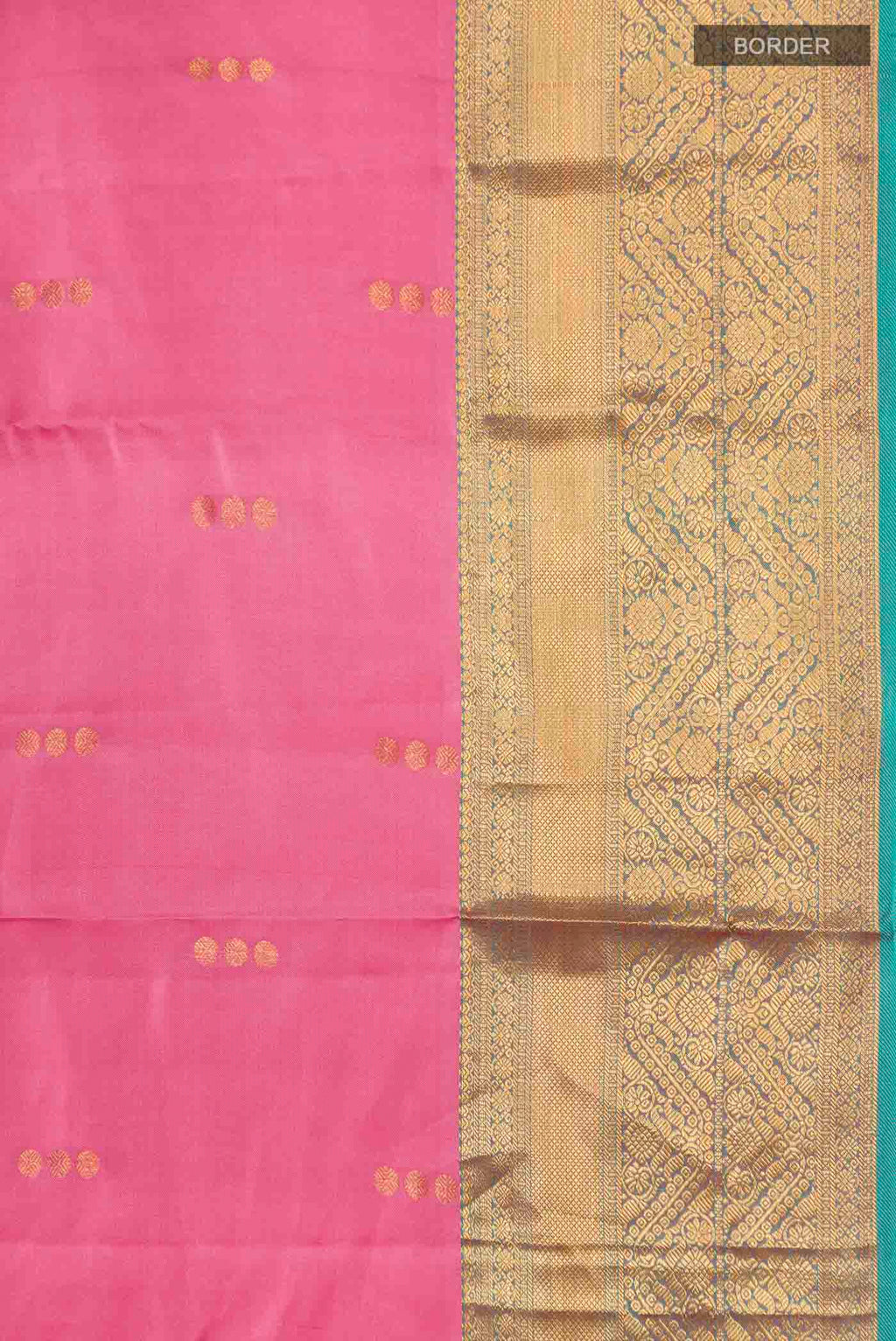 Border image of Pink Kanchipuram Silk Saree with Zari Butta on the body and Zari Border