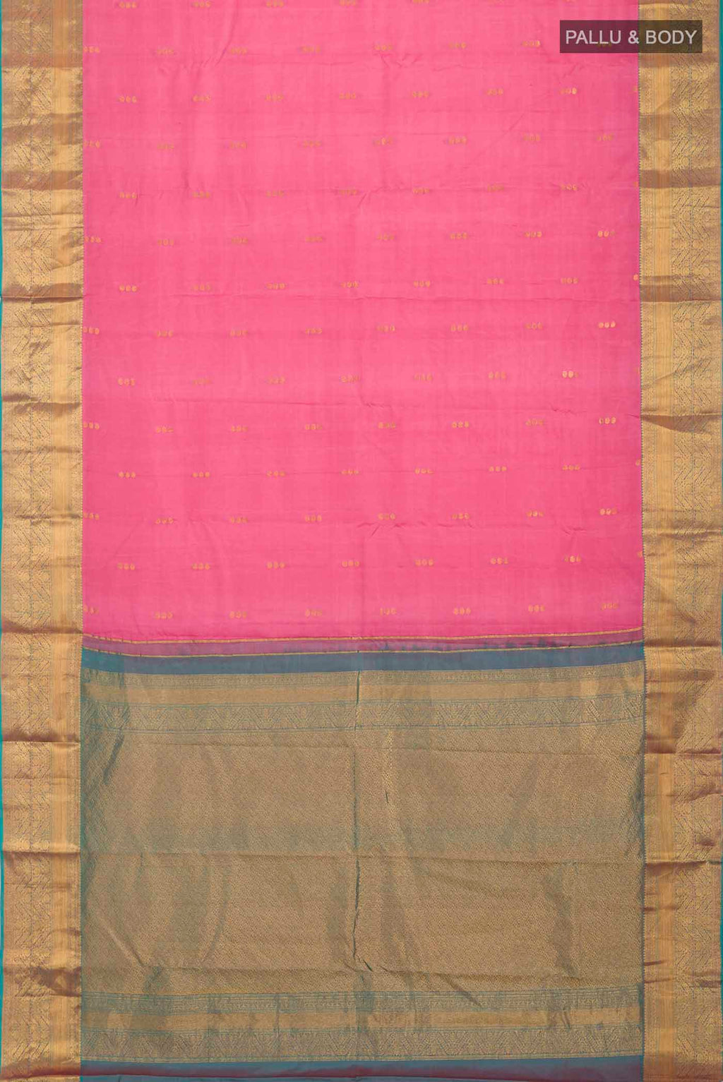 Flat view of Pink Kanchipuram Silk Saree with Zari Butta on the body and Zari Border