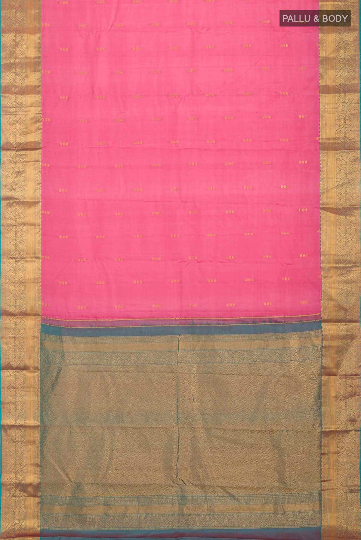 Flat view of Pink Kanchipuram Silk Saree with Zari Butta on the body and Zari Border