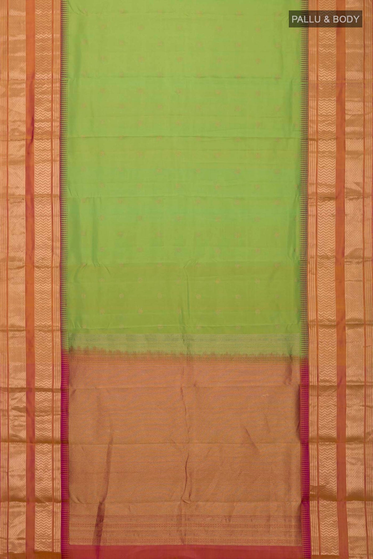 Flat view of Green Kanchipuram Silk Saree with Zari Butta on the body and Zari Border