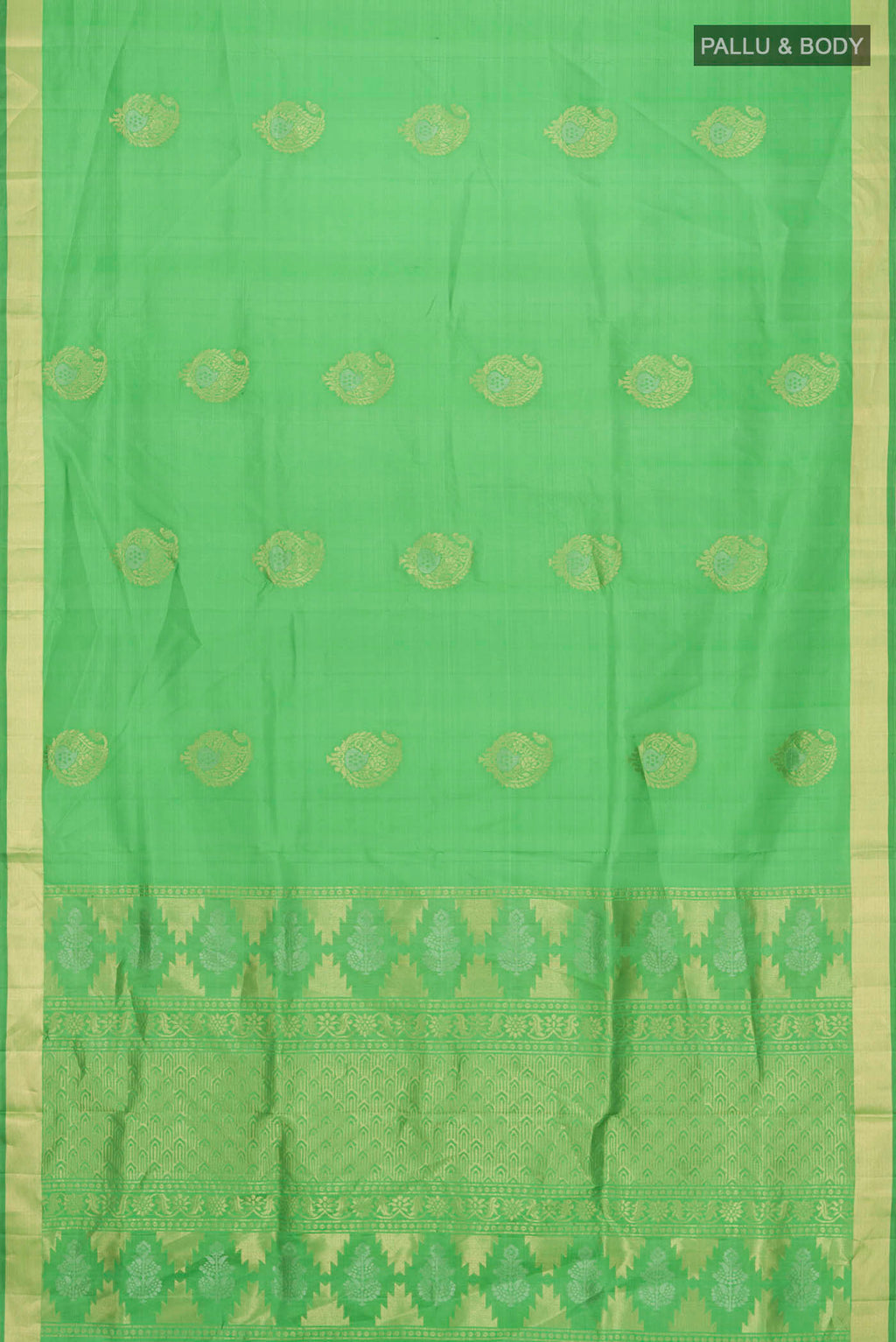 Flat view of Green Soft Silk Saree with Zari Butta on the body and Zari Border