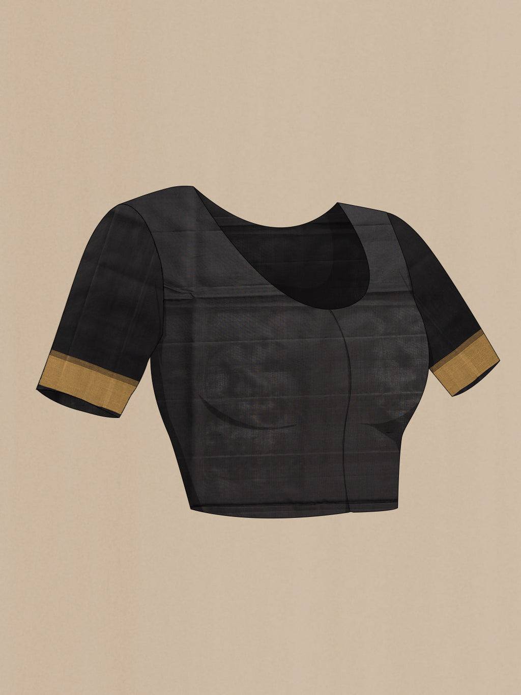 Close up image of the blouse of Black Dual Tone Soft Silk Saree with Zari Butta on the body and Zari Border