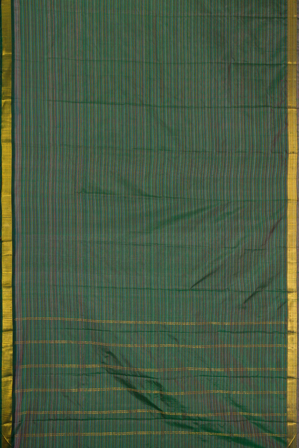 Mehandi Green Dual Tone Kanjivaram Silk Saree with Stripes on the body and Zari Border.  displayed on a mannequin