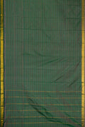 Mehandi Green Dual Tone Kanjivaram Silk Saree with Stripes on the body and Zari Border.  displayed on a mannequin