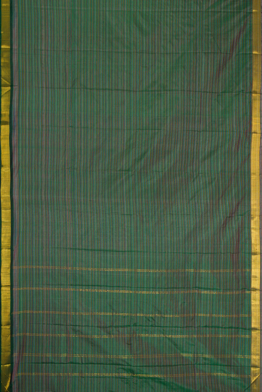 Flat view of Mehandi Green Dual Tone Kanjivaram Silk Saree with Stripes on the body and Zari Border. 