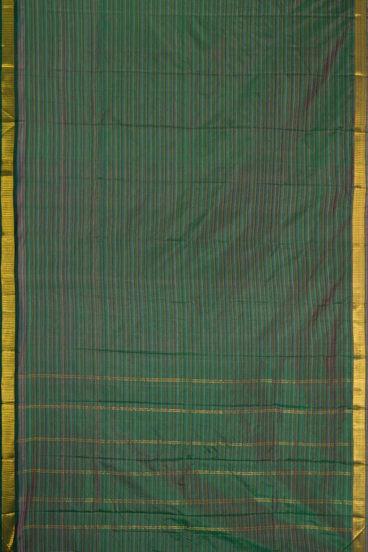 Flat view of Mehandi Green Dual Tone Kanjivaram Silk Saree with Stripes on the body and Zari Border. 