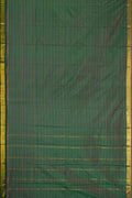 Mehandi Green Dual Tone Kanjivaram Silk Saree with Stripes on the body and Zari Border.  displayed on a mannequin