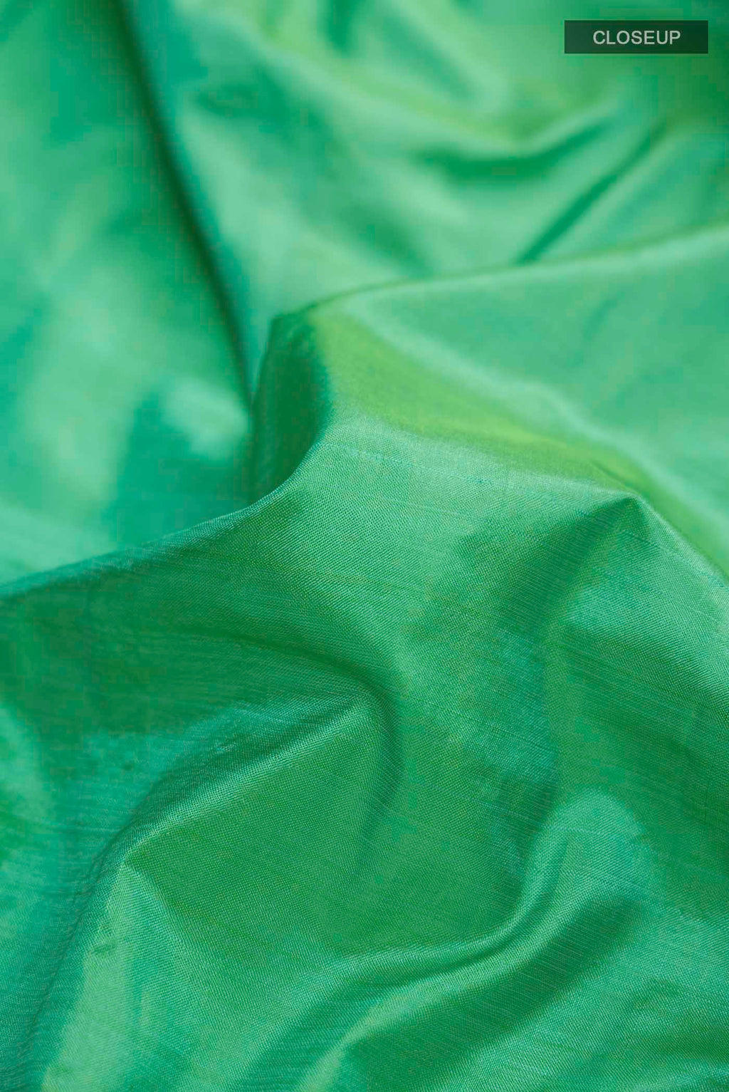 Close up of Green Kanchipuram Silk Saree with Plain Body and Zari Border displaying folds
