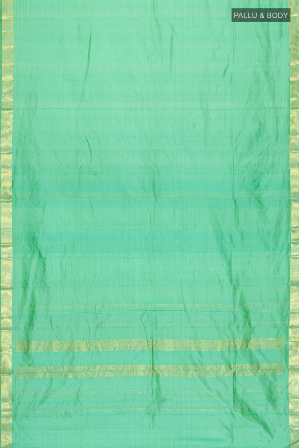 Flat view of Green Kanchipuram Silk Saree with Plain Body and Zari Border