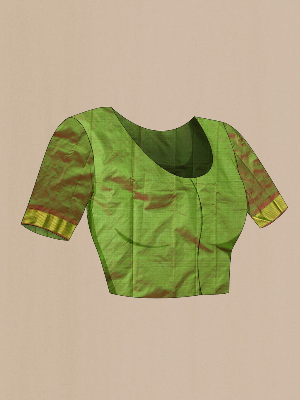Close up image of the blouse of Green Kanchipuram Silk Saree with Plain Body and Zari Border