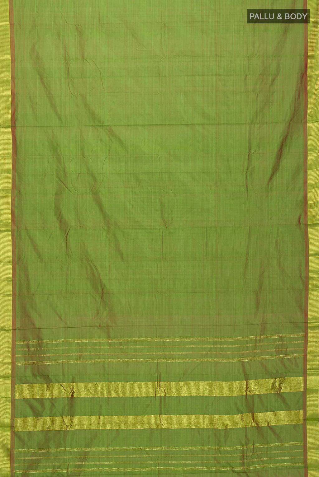 Flat view of Green Kanchipuram Silk Saree with Plain Body and Zari Border