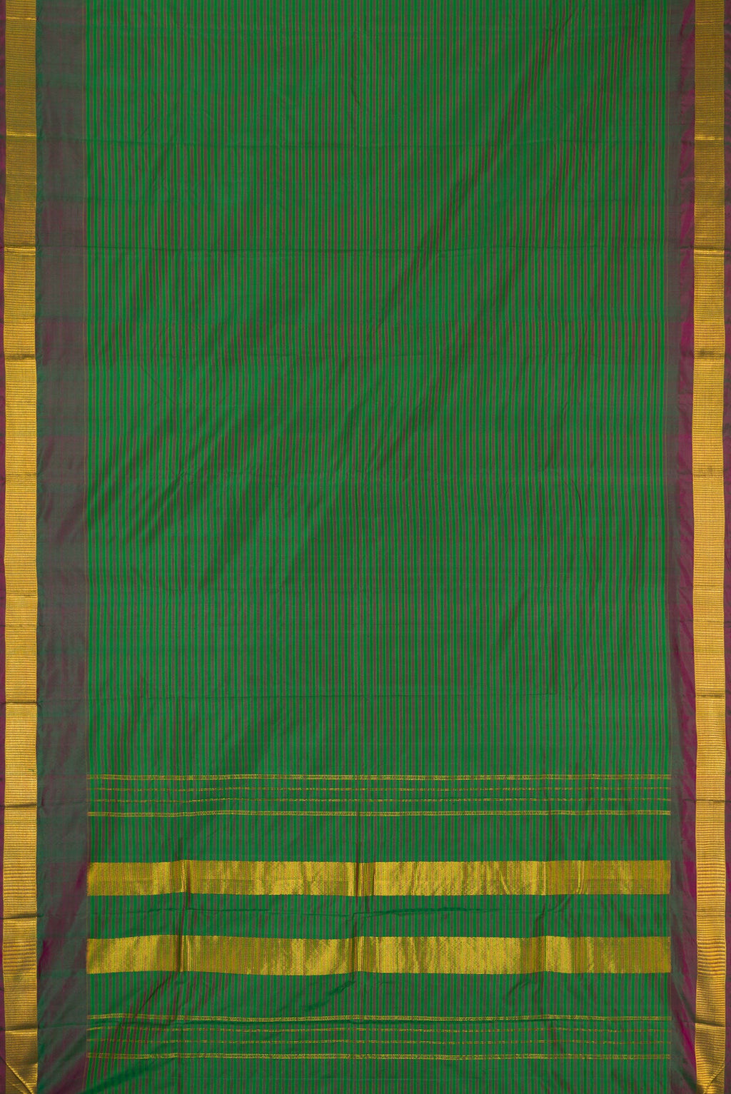 Flat view of Green Dual Tone Kanjivaram Silk Saree with Stripes on the body and Zari Border. 