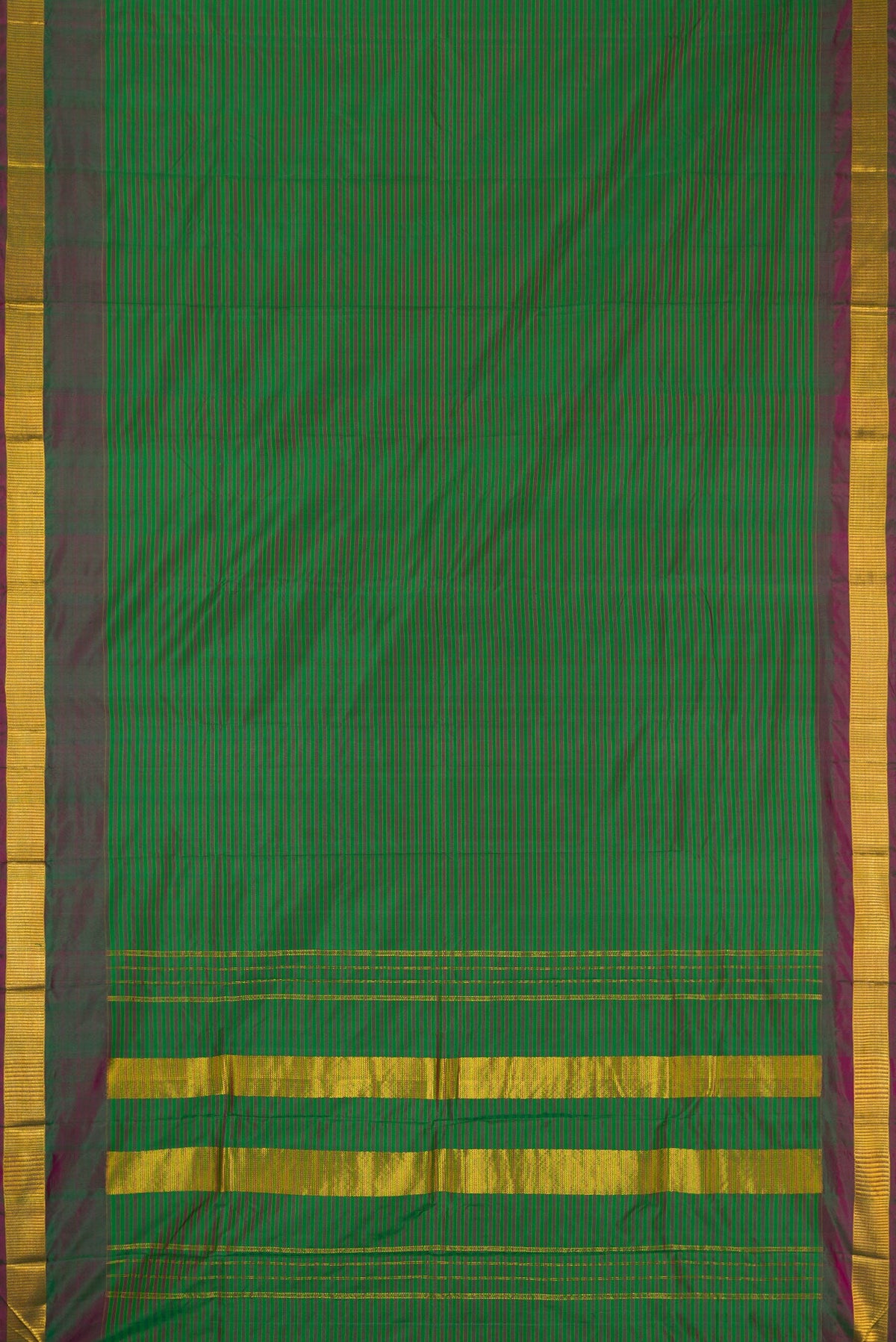 Green Dual Tone Kanjivaram Silk Saree with Stripes on the body and Zari Border.  displayed on a mannequin
