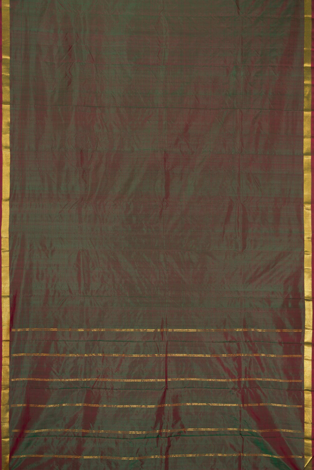 Flat view of Green Dual Tone Kanchipuram Silk Saree with Plain Body and Zari Border. 