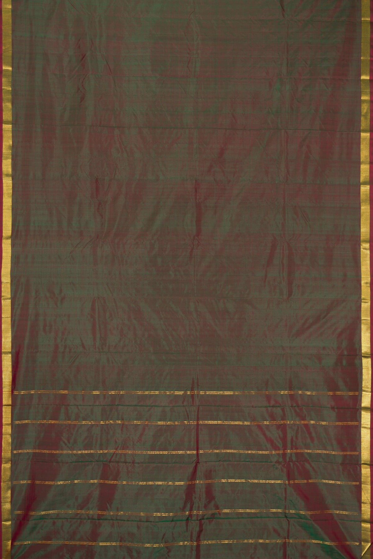 Flat view of Green Dual Tone Kanchipuram Silk Saree with Plain Body and Zari Border. 