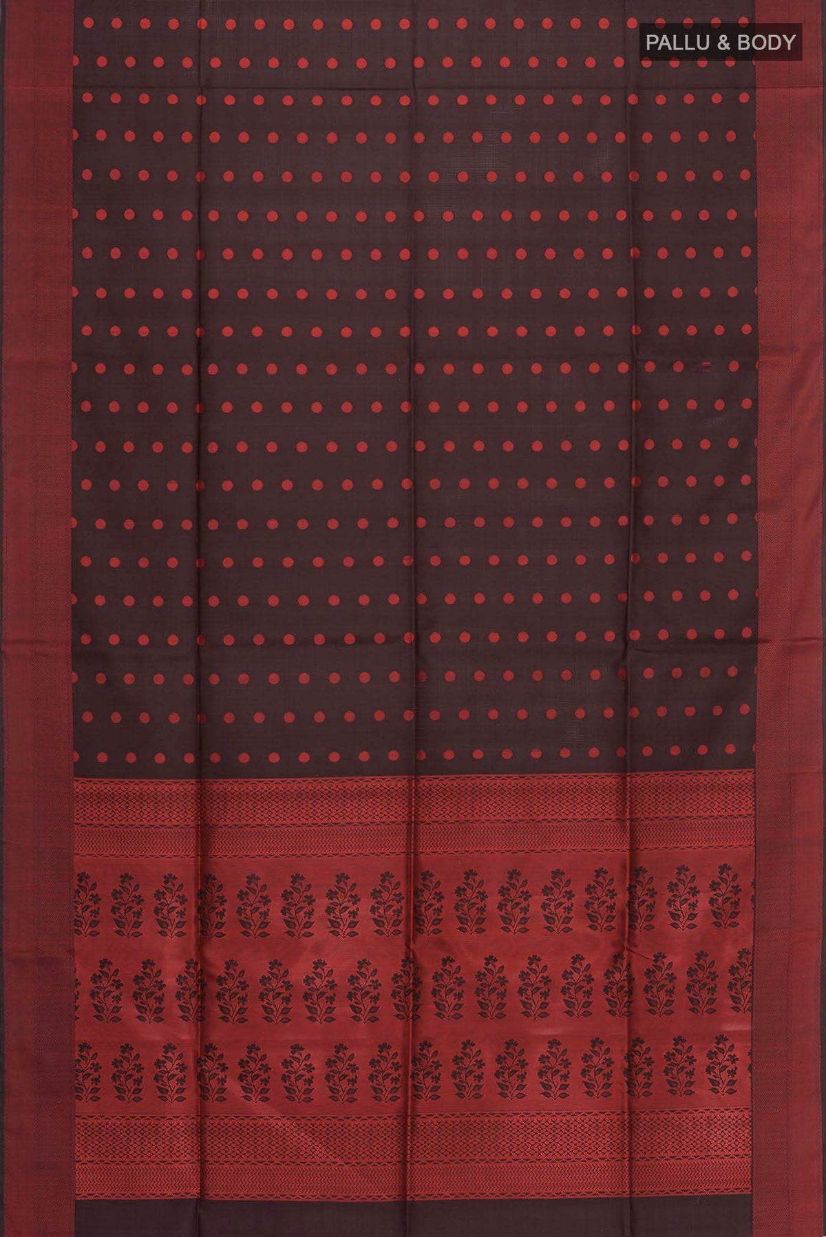 Flat view of Brown Soft Silk Saree with Thread Butta on the body and Thread Border