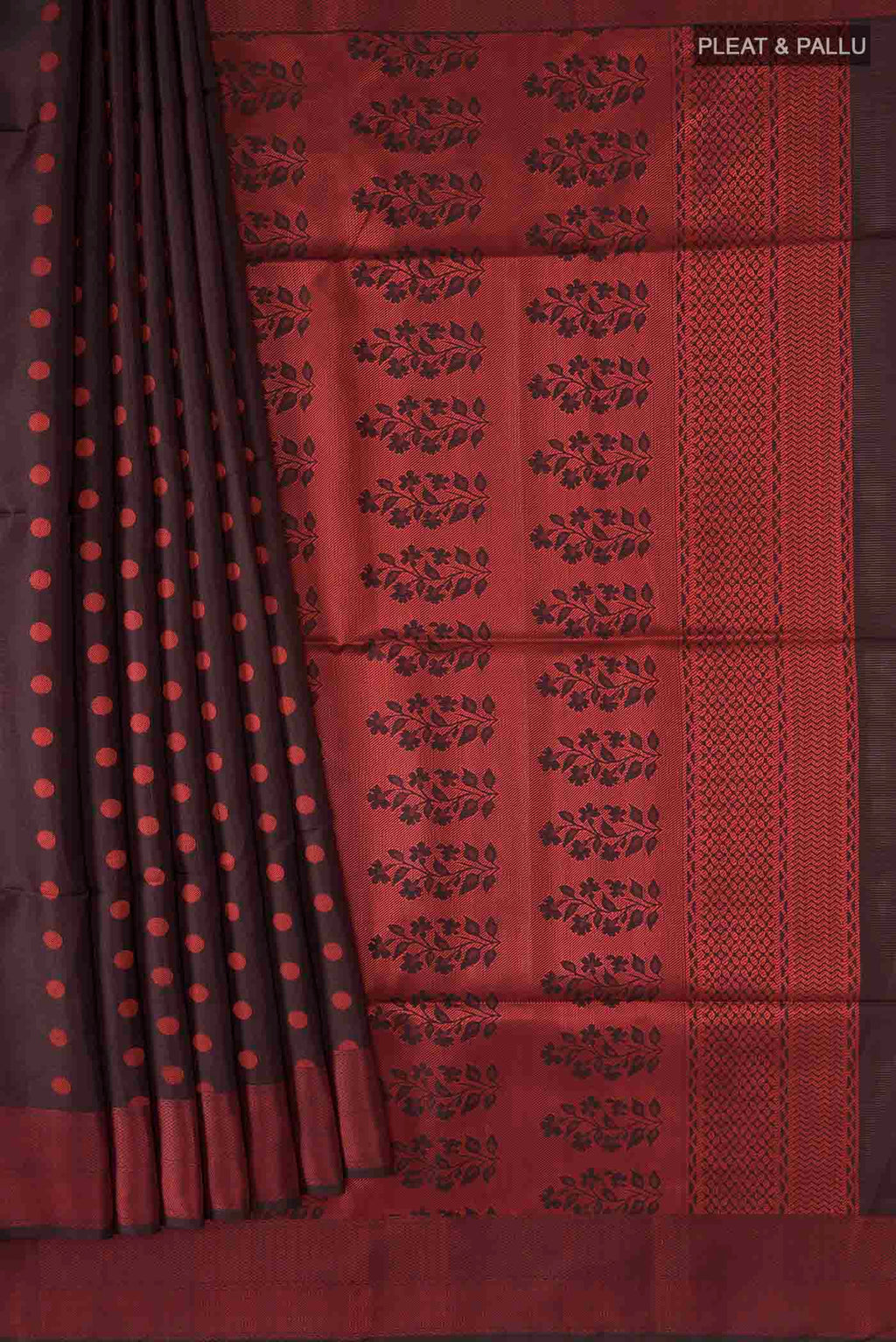 Pleats and pallu of Brown Soft Silk Saree with Thread Butta on the body and Thread Border