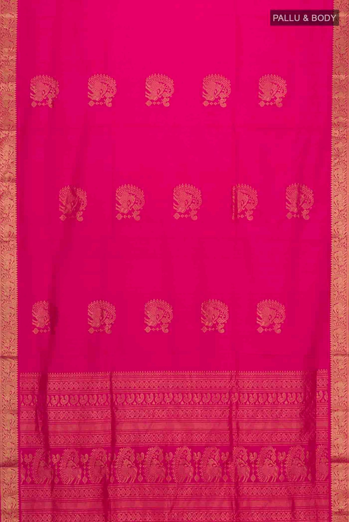 Flat view of Pink Soft Silk Saree with Zari Butta on the body and Zari Border