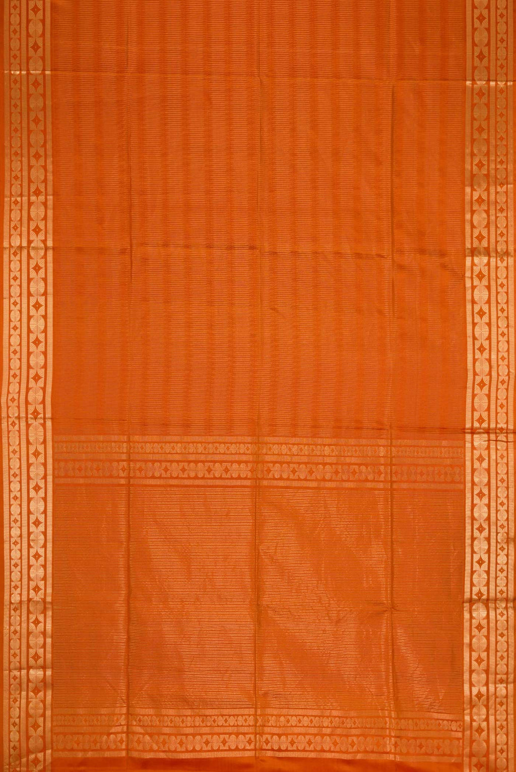 Flat view of Mustard Dual Tone Soft Silk Saree with Stripes on the body and Zari Border