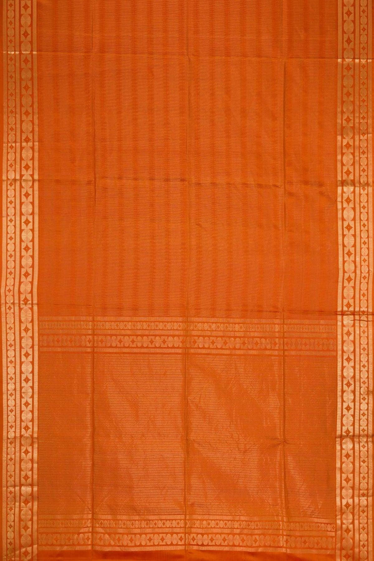 Flat view of Mustard Dual Tone Soft Silk Saree with Stripes on the body and Zari Border