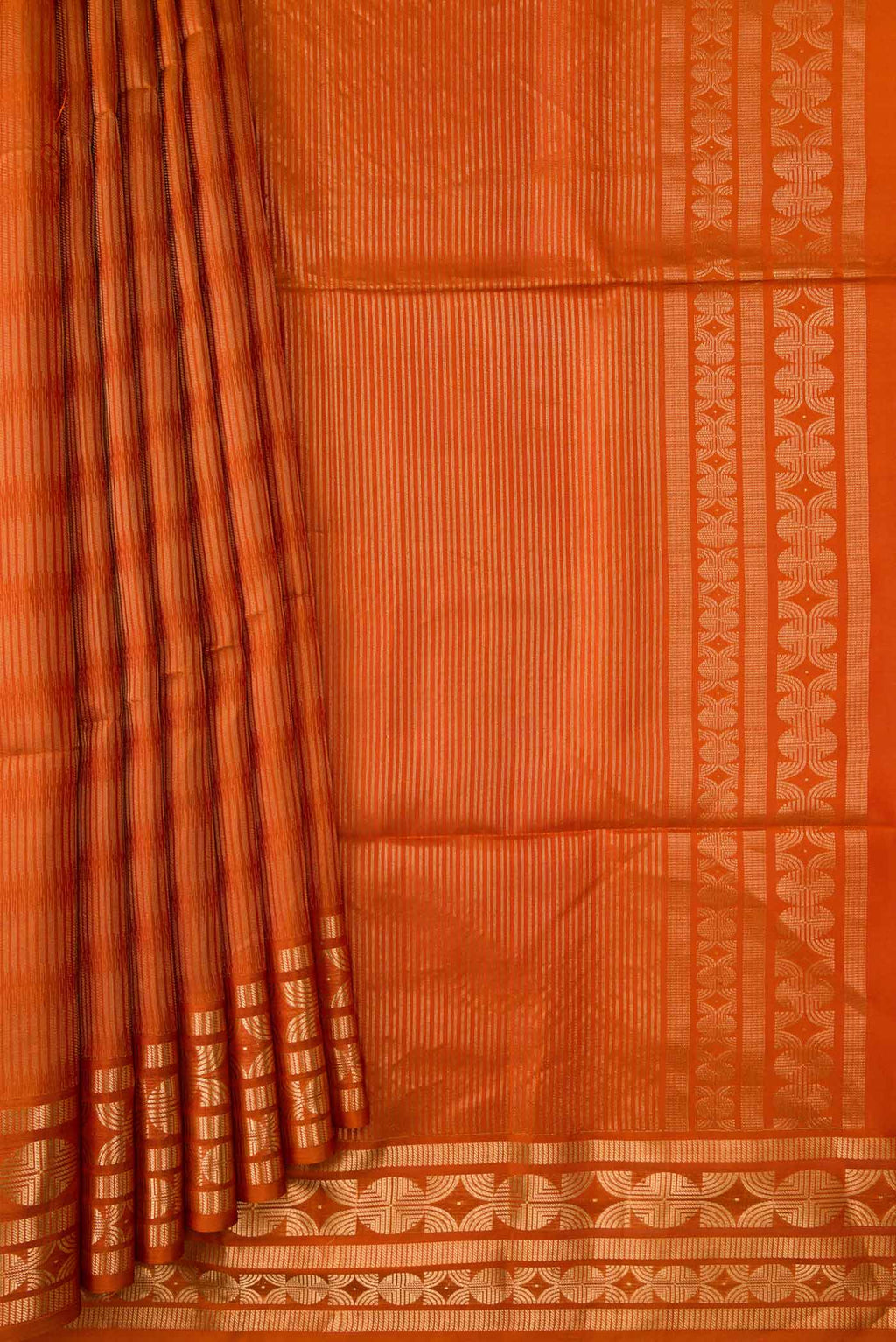 Pleats and pallu of Mustard Dual Tone Soft Silk Saree with Stripes on the body and Zari Border