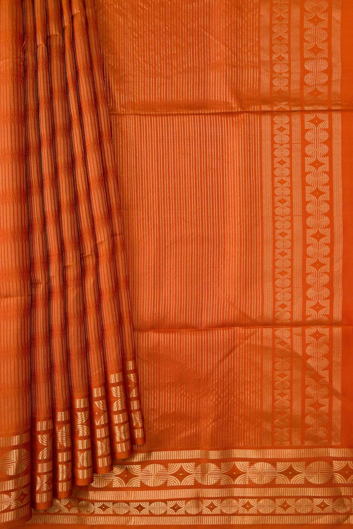 Pleats and pallu of Mustard Dual Tone Soft Silk Saree with Stripes on the body and Zari Border