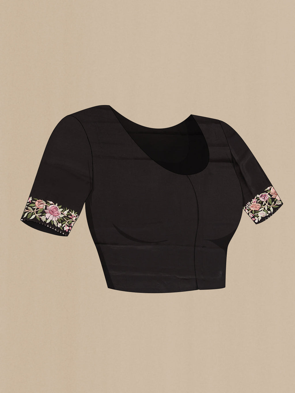 Close up image of the blouse of Black Dual Tone Crepe Saree with Embroidery on the body and Embroidery Border. 