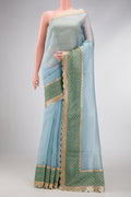Sky Blue Dual Tone Organza Silk Saree with Embroidery on the body and Embroidery Border.  displayed on a mannequin