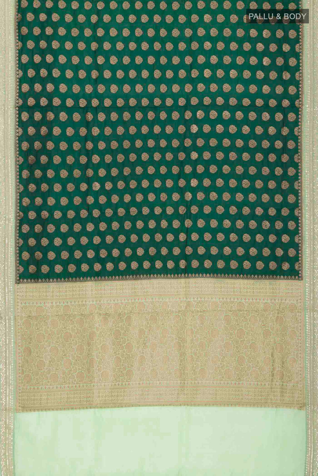 Flat view of Green Banarasi Raw Silk Saree with Zari Butta on the body and Embroidery Border
