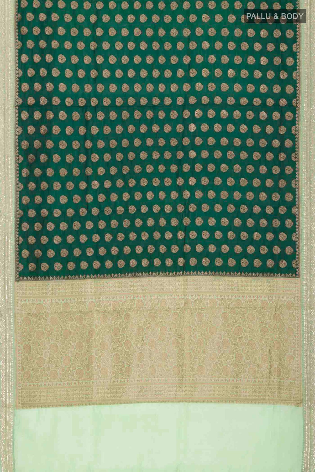 Flat view of Green Banarasi Raw Silk Saree with Zari Butta on the body and Embroidery Border