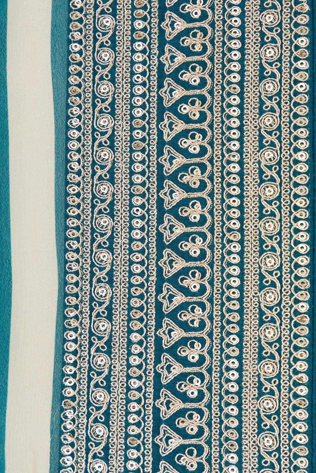 Border image of Beige and Peacock Blue Color Mysore Crepe Saree with Stripes on the body and Embroidery Border. 