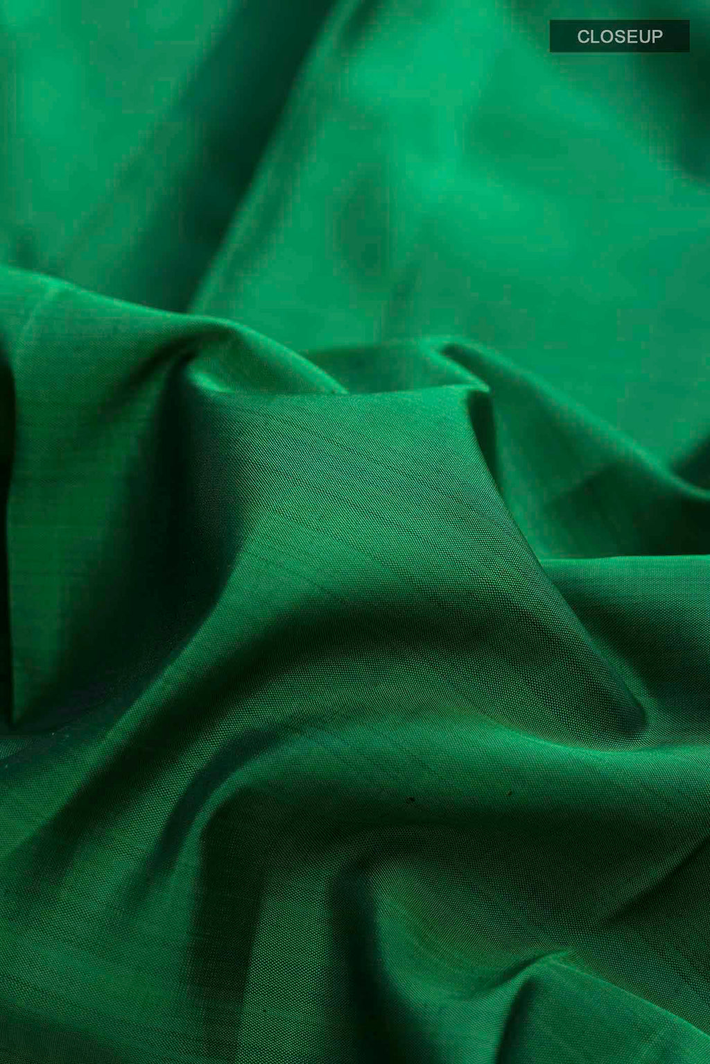 Close up of Green Kanchipuram Silk Saree with Plain Body and Zari Border displaying folds