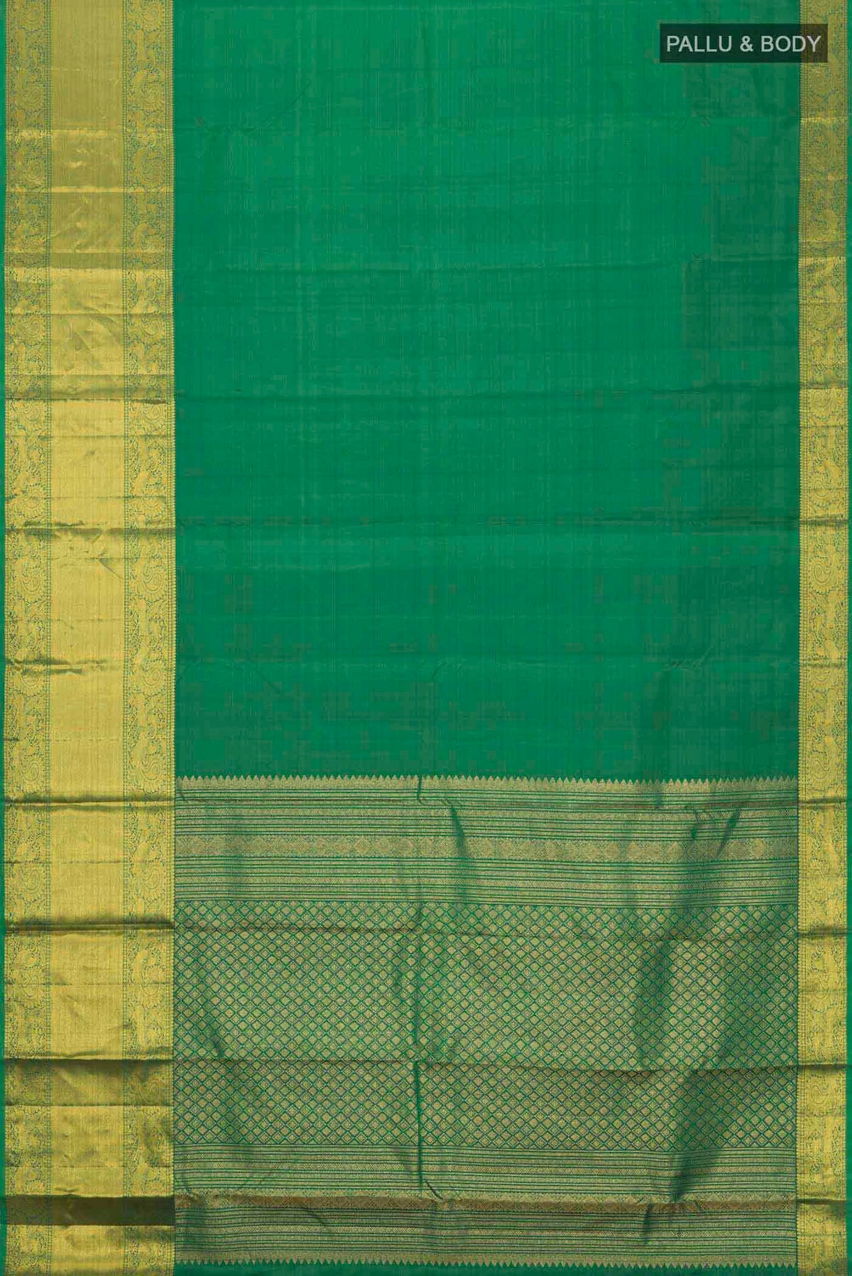 Flat view of Green Kanchipuram Silk Saree with Plain Body and Zari Border