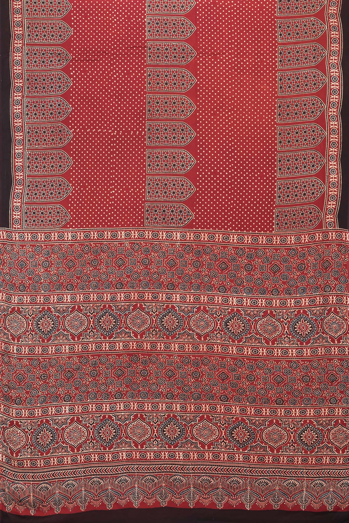 Flat view of Maroon Dual Tone Crepe Saree with Ajrakh Print on the body and Fancy Border. 