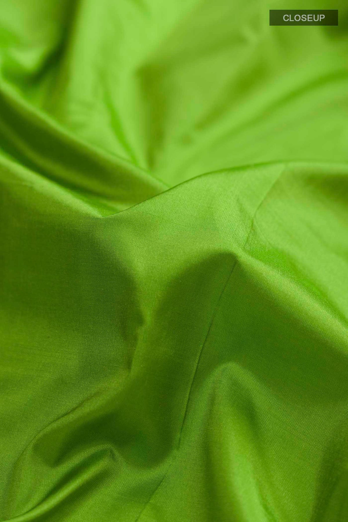 Close up of Green Bangalore Silk Saree with Plain Body and Zari And Thread Border displaying folds