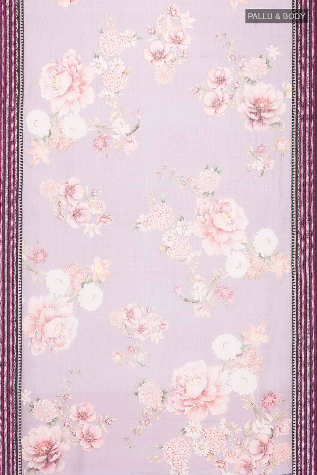 Flat view of Lavender Kota Cotton Saree with Printed design on the body and Thread Border