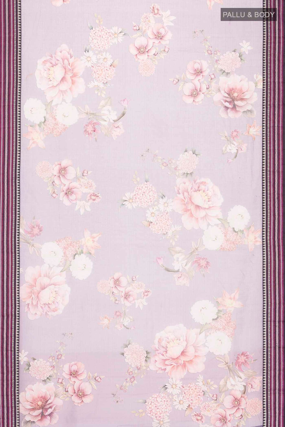 Flat view of Lavender Kota Cotton Saree with Printed design on the body and Thread Border