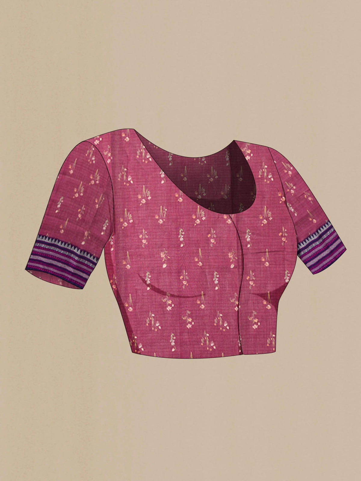 Close up image of the blouse of Magenta Kota Cotton Saree with Printed design on the body and Thread Border